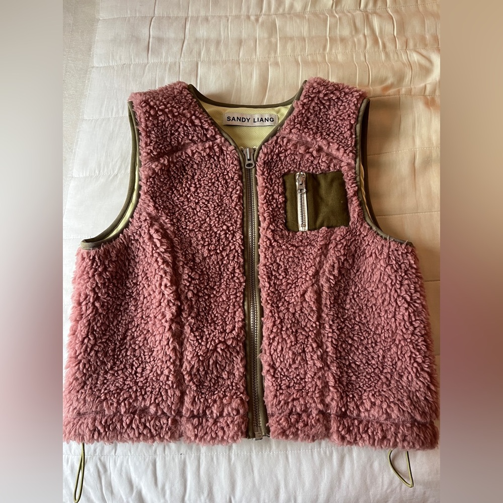 Sandy Liang Mauve Shearling Vest with Olive Pocket
